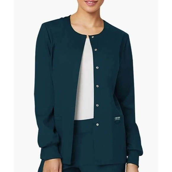 Women Jacket Snap Front Warm Up Workwear Caribbean Cherokee Blue 26 28 3XL - Picture 2 of 7